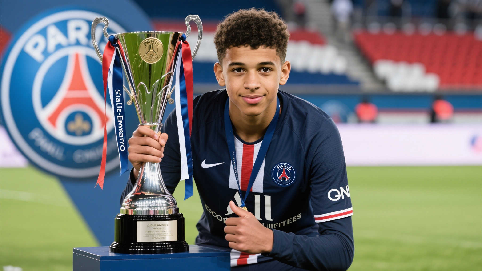 扎伊尔-埃梅里晒奖杯合影:满怀自豪,共盼未来 近日,年仅17岁的巴黎圣日耳曼中场新星——扎伊尔-